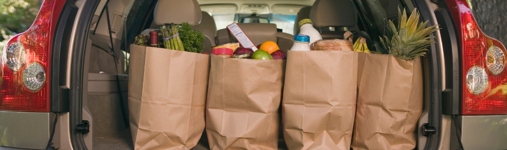 Bags of groceries in the back of a car.